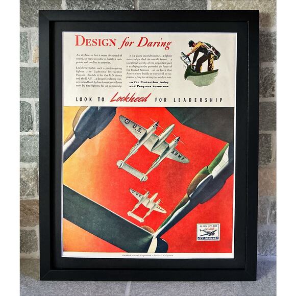 Framed 1942 VTG Orig Magazine Ad LOCKHEED For Leadership Design for Daring - Picture 1 of 4